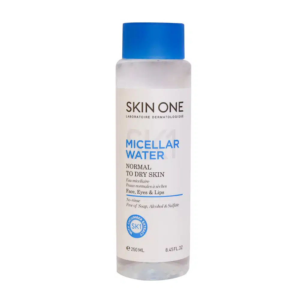 Skin-One-Micellar-Water-For-Normal-To-Dry-Skin-250-ml.jpg.webp محلول پاک کننده آرایش پوست نرمال تا خشک اسکین وان 250 میلی لیتر | ایرانیان دارو